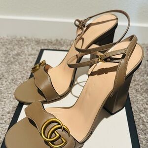 Gucci Tan Gold Heels with Iconic GG Emblem